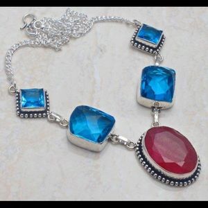 Ruby Glass Blue Topaz Necklace